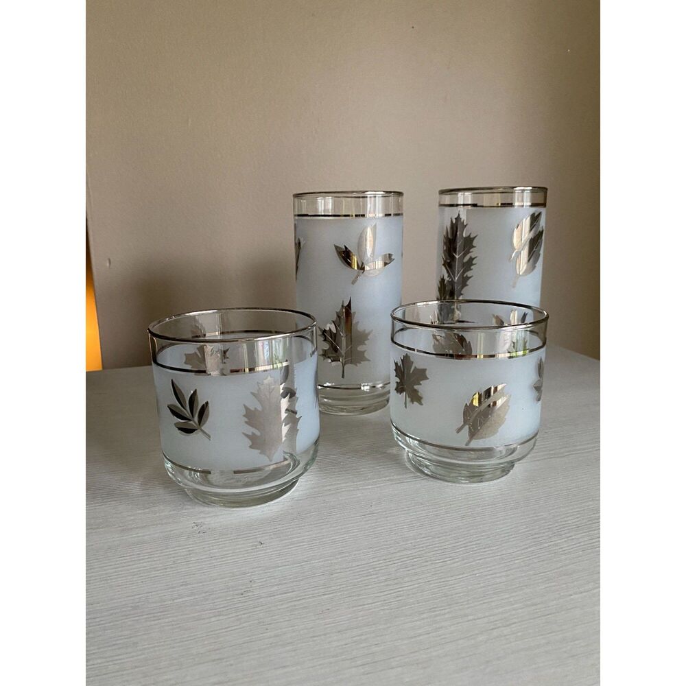 Libbey Frosted Metallic Silver Foliage 2 High Ball & 2 Low Ball Glasses
